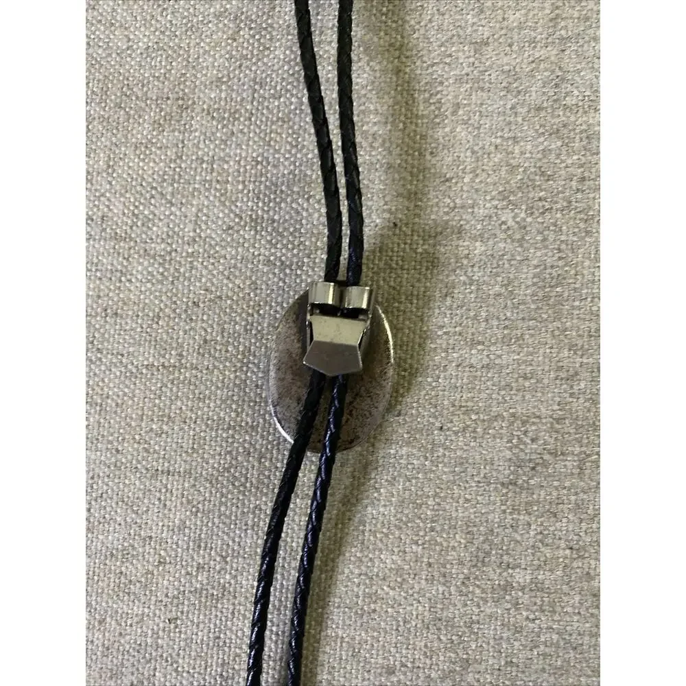 Vtg MCM Brutalist Silver Plate Bolo Tie Black Leather Western Modernist